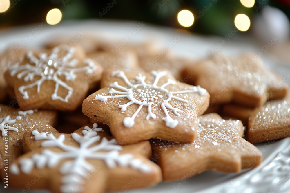 close up of a snowflake cookie with white icing. The cookie is surrounded by other cookies, creating a festive atmosphere close up of a snowflake cookie with white icing. The cookie is surrounded by other cookies, creating a festive atmosphere