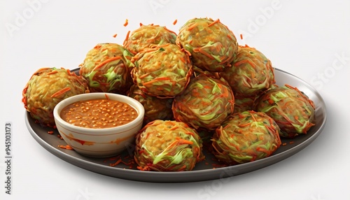 Veggie Balls from Indonesia, Bakwan, served with sauce.