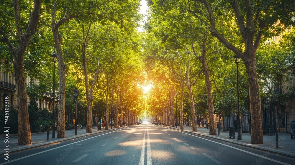 Sunlit Street Lined with Trees in a City Sunlit Street Lined with Trees in a City