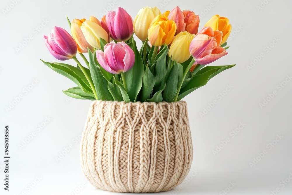 A knitted vase filled with colorful tulips, showcasing vibrant spring flowers. A knitted vase filled with colorful tulips, showcasing vibrant spring flowers.