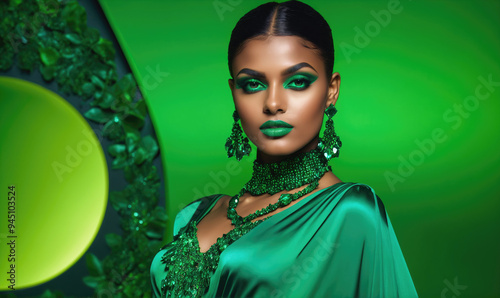 A woman in a green dress and jewelry poses against a green background