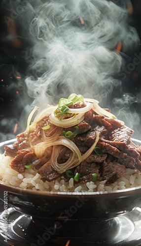 Beef Gyudon with onion slice toppings.