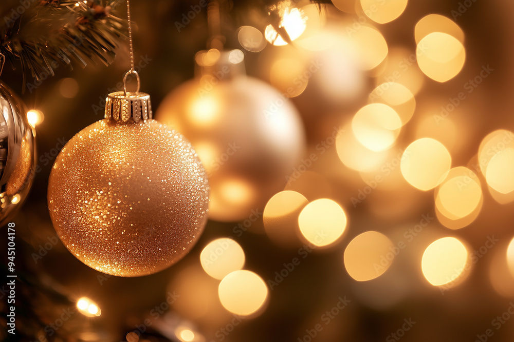 gold ornament hangs from a tree. The ornament is surrounded by other ornaments, creating a festive atmosphere gold ornament hangs from a tree. The ornament is surrounded by other ornaments, creating a festive atmosphere