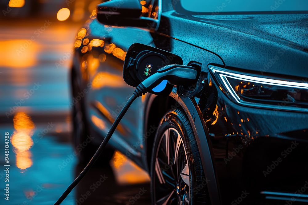 High-Resolution Evening Image of Black Electric Car Charging with Blue Light from Charging Port at Modern City Street High-Resolution Evening Image of Black Electric Car Charging with Blue Light from Charging Port at Modern City Street