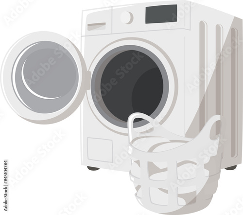 ドラム式洗濯機と洗濯物が入っている洗濯カゴ