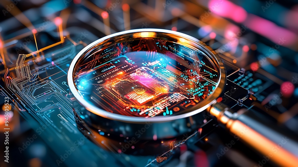 A magnifying glass hovers over a circuit board, revealing its glowing lights. A magnifying glass hovers over a circuit board, revealing its glowing lights.