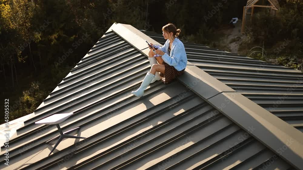A woman sits on the rooftop of a modern home, using her phone next to a satellite dish. The scene illustrates the concept of satellite internet and self-sufficiency A woman sits on the rooftop of a modern home, using her phone next to a satellite dish. The scene illustrates the concept of satellite internet and self-sufficiency