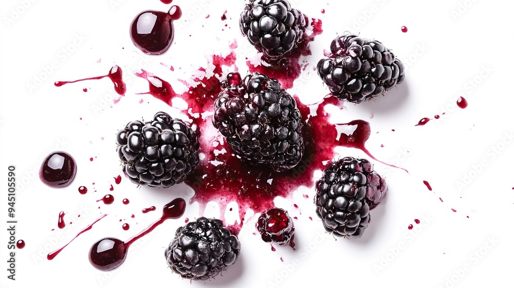 Blackberries with Juice Splatters on a White Background Blackberries with Juice Splatters on a White Background