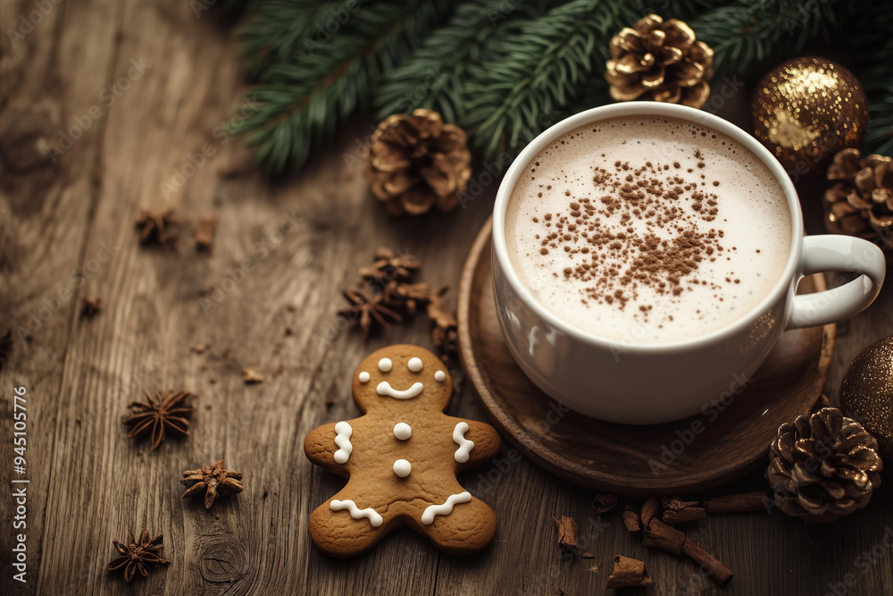 mug of coffee with a gingerbread man on top of it and two gingerbread cookies on the table mug of coffee with a gingerbread man on top of it and two gingerbread cookies on the table