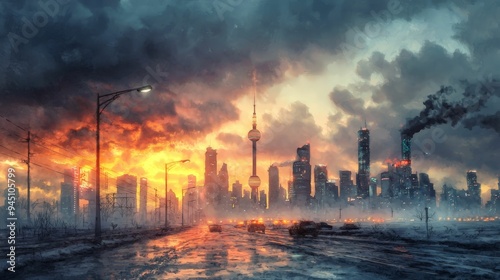 A dystopian city skyline under a dramatic sunset, featuring thick, dark clouds and industrial pollution. The scene is filled with an eerie, foreboding atmosphere as the city lights begin to flicker on