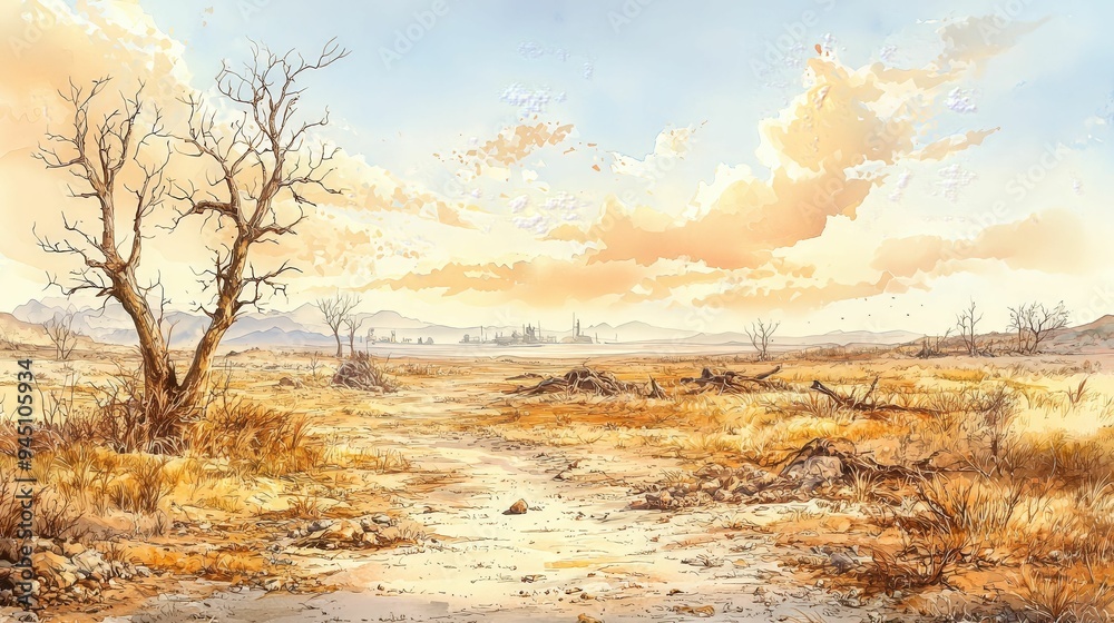 Digital illustration of a desolate desert landscape featuring barren trees and dry grass under a warm, pastel-colored sky. In the distance, an industrial complex is faintly visible, adding contrast to Digital illustration of a desolate desert landscape featuring barren trees and dry grass under a warm, pastel-colored sky. In the distance, an industrial complex is faintly visible, adding contrast to
