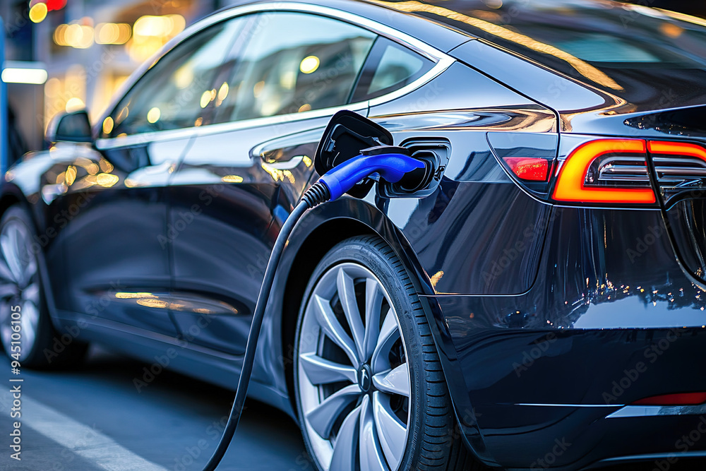 Naklejka premium Close-Up of Black Electric Car at Urban Charging Station with Evening Blue Illumination on Car and Power Unit