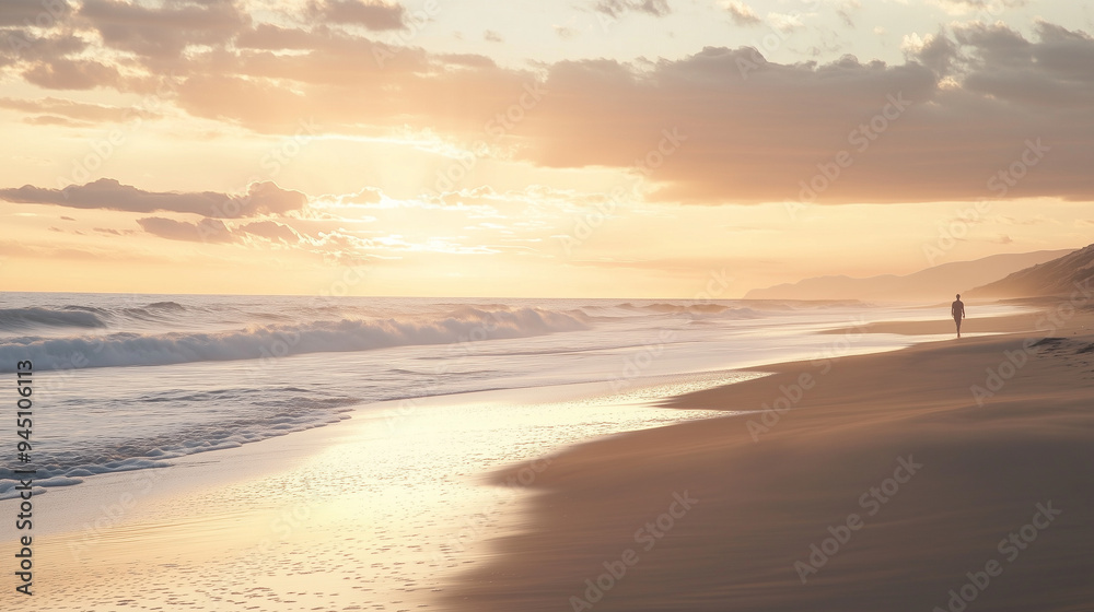 Peaceful beach at sunset with waves gently lapping the shore, creating a tranquil scene of golden light and solitude Peaceful beach at sunset with waves gently lapping the shore, creating a tranquil scene of golden light and solitude