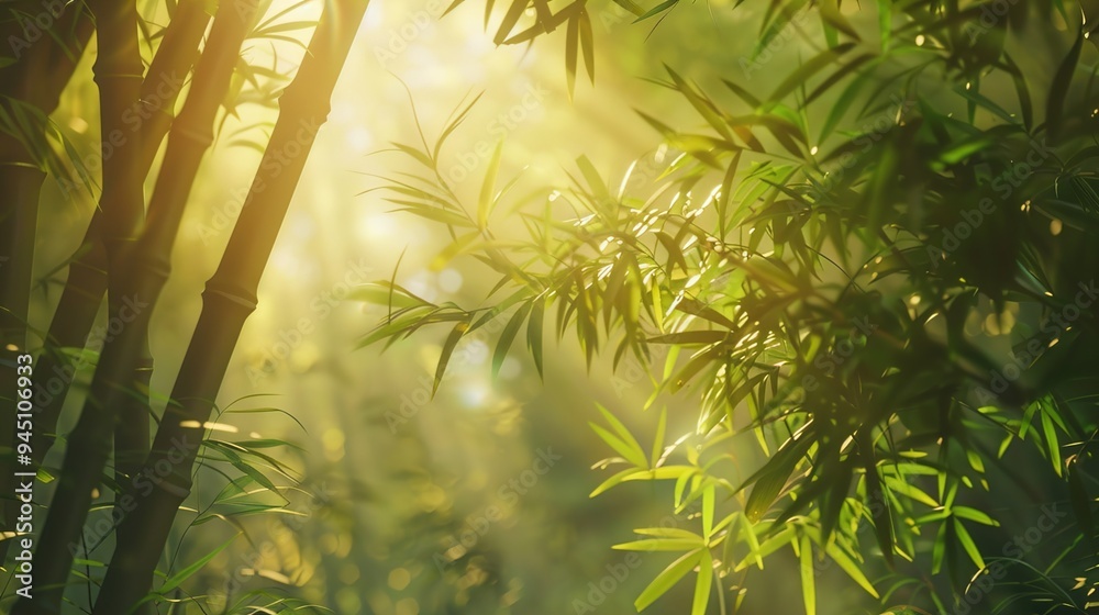 Obraz premium A tranquil bamboo forest bathed in soft sunlight, with shafts of light filtering through the canopy and the air filled with the sound of rustling leaves, creating a space for meditation and