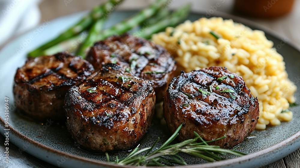Grilled Meat Medallions with Risotto and Asparagus Grilled Meat Medallions with Risotto and Asparagus
