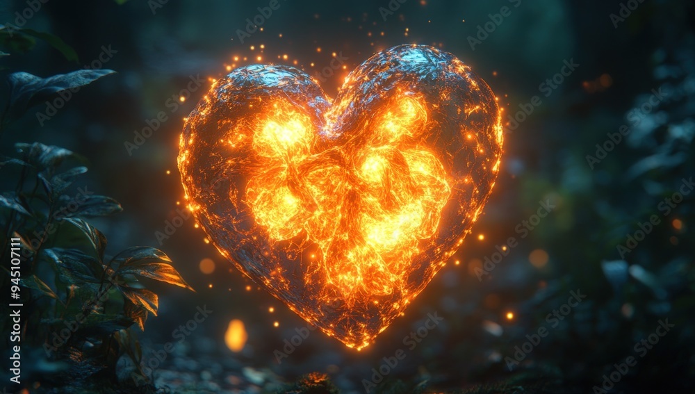 A fiery heart burns brightly in the heart of a dark, mystical forest. A fiery heart burns brightly in the heart of a dark, mystical forest.