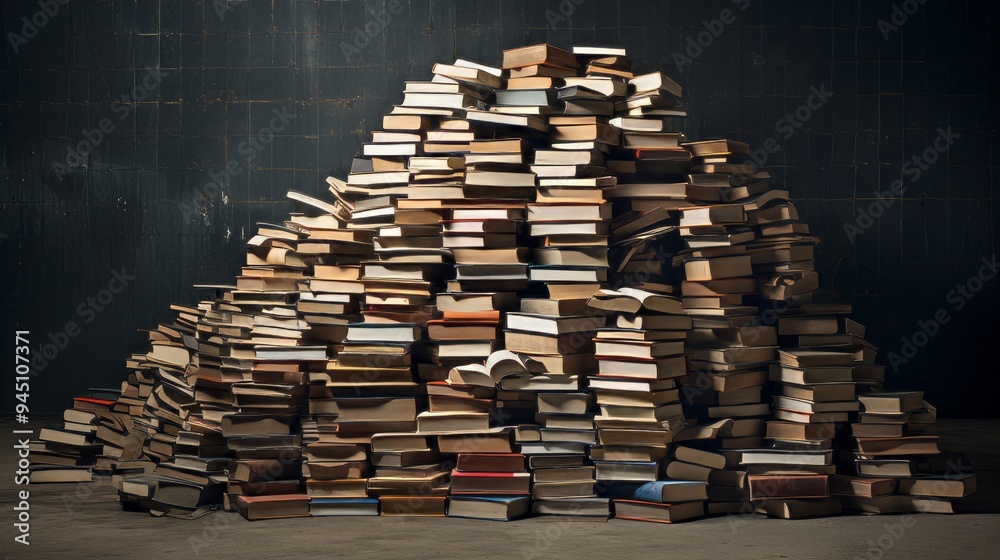 Big amount of books in big pile on dark background. Neural network ai generated art Big amount of books in big pile on dark background. Neural network ai generated art