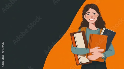 Smiling Student Holding Books on Orange Background