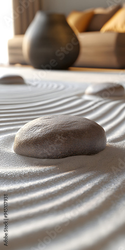 Soothing zen garden with raked sand and rocks photo