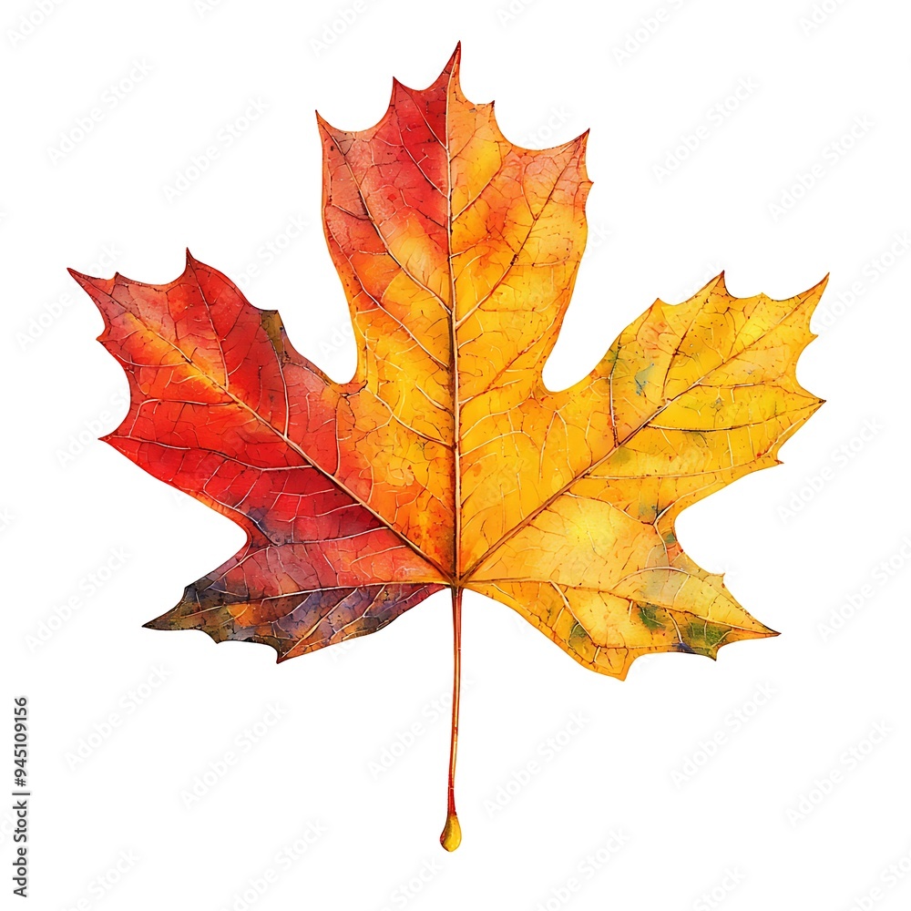 Obraz premium A single autumn maple leaf, colorful and crisp, is isolated on a pure white background.
