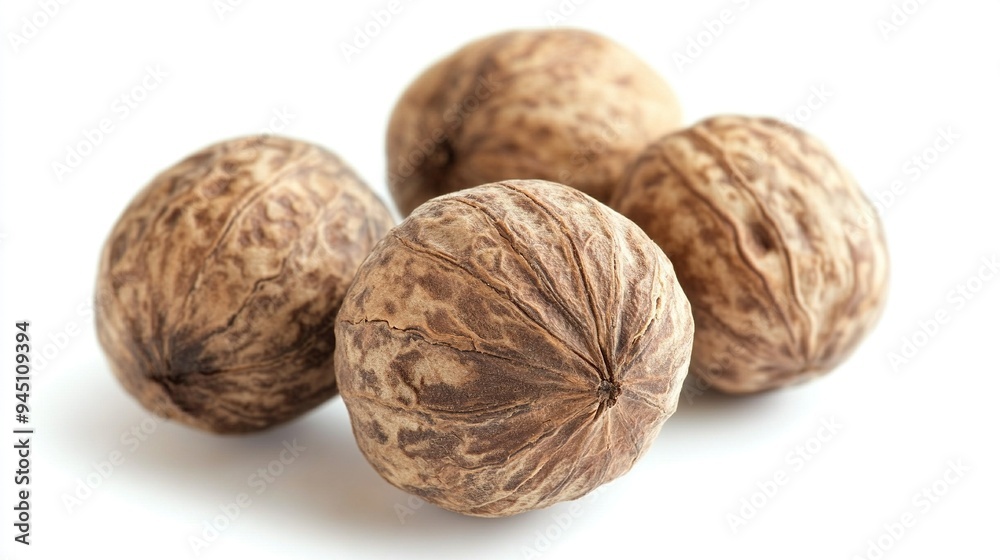Four Brown Walnut Shells Isolated on White Background Four Brown Walnut Shells Isolated on White Background