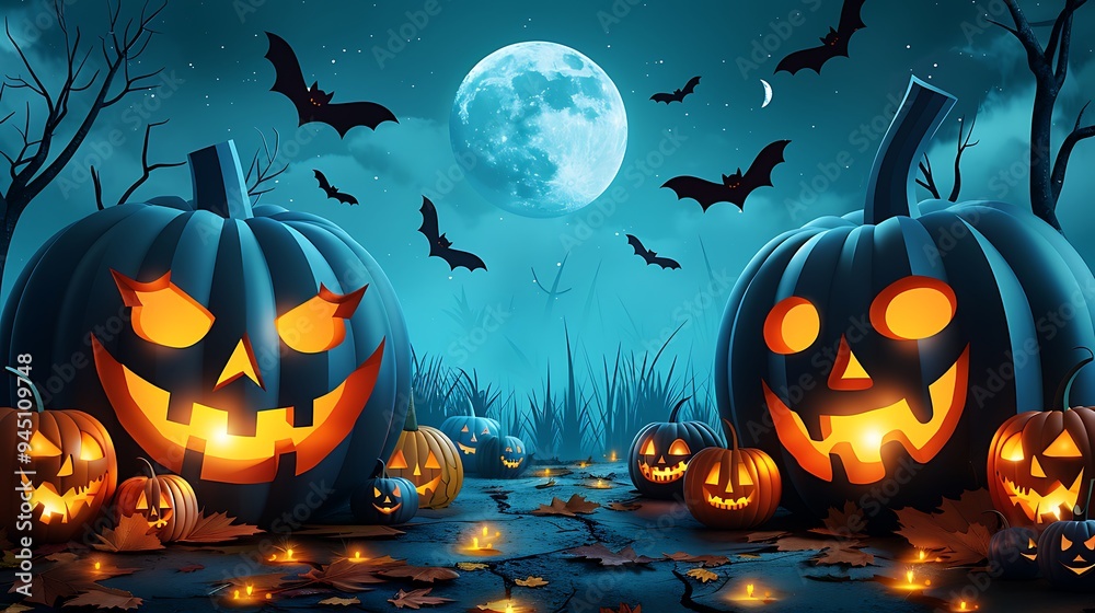 A detailed paper craft of a pumpkin patch, featuring carved jack-o'-lanterns with glowing eyes and creepy smiles, paper bats fluttering above, a spooky paper sky with a large moon, misty atmosphere, A detailed paper craft of a pumpkin patch, featuring carved jack-o'-lanterns with glowing eyes and creepy smiles, paper bats fluttering above, a spooky paper sky with a large moon, misty atmosphere,