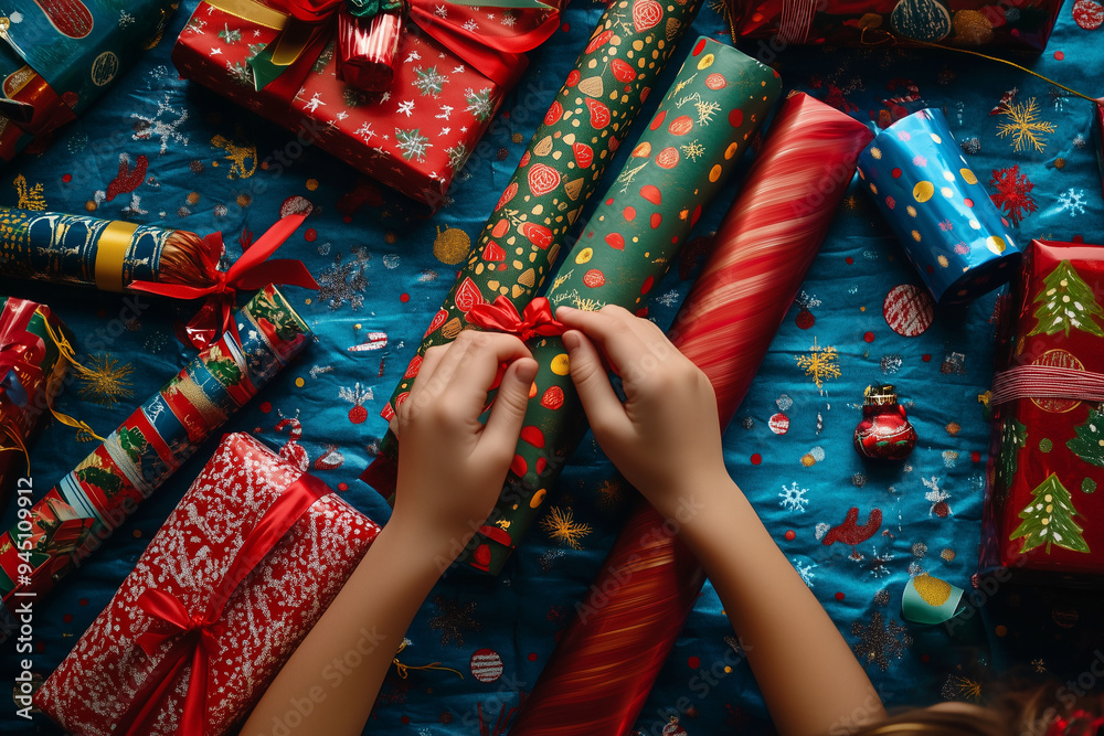 Fototapeta premium child is wrapping a present with a red ribbon. The presents are all different colors and sizes, and they are all piled up on a blue tablecloth. Scene is festive and joyful