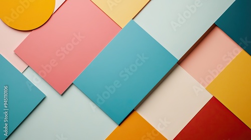 Colorful geometric shapes and patterns created with vibrant paper sheets, perfect for creative backgrounds and designs.