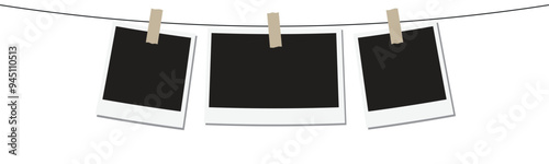 Polaroid photo frames hanging with a rope vector. Empty frame for picture collage with shadow.