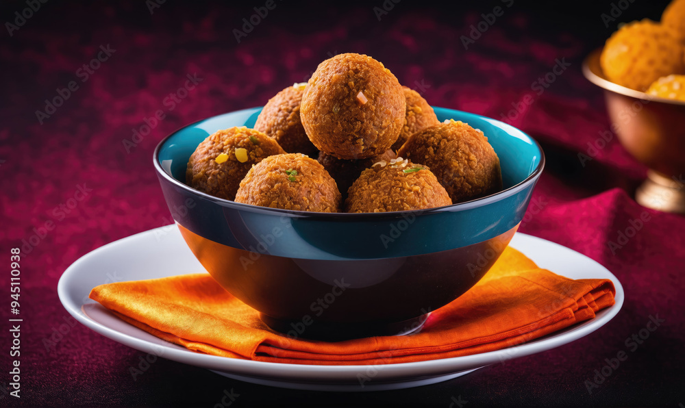 A bowl of sweet, golden ladoo sits on a plate with an orange napkin