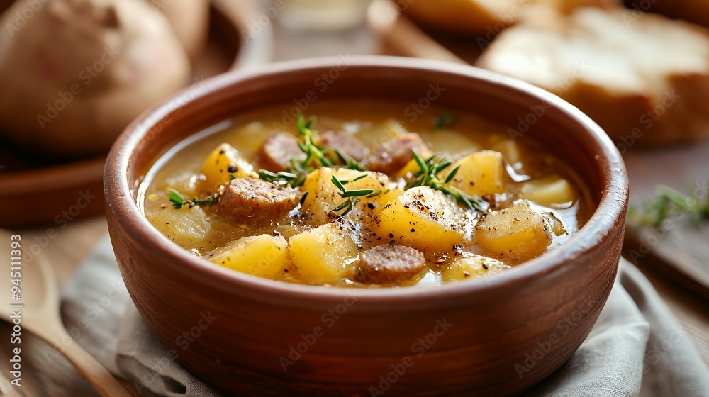 A hearty bowl of soup with meat and potatoes, garnished with herbs. A hearty bowl of soup with meat and potatoes, garnished with herbs.