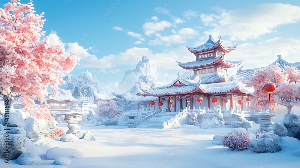 Obraz premium Serene winter scene featuring a traditional Asian pagoda surrounded by cherry blossom trees.