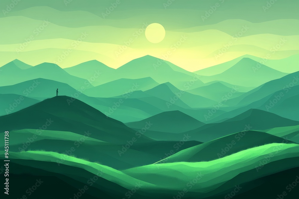 Obraz premium Minimalist green landscape of rolling hills under a bright sun with a solitary figure in the distance representing simplicity tranquility and the quiet beauty of nature