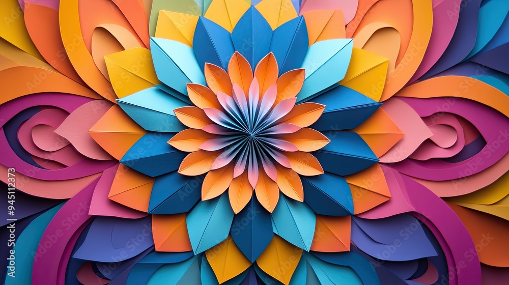 Vibrant paper art flower design showcasing intricate layers of colorful petals and harmonious shapes. Perfect for creative project.