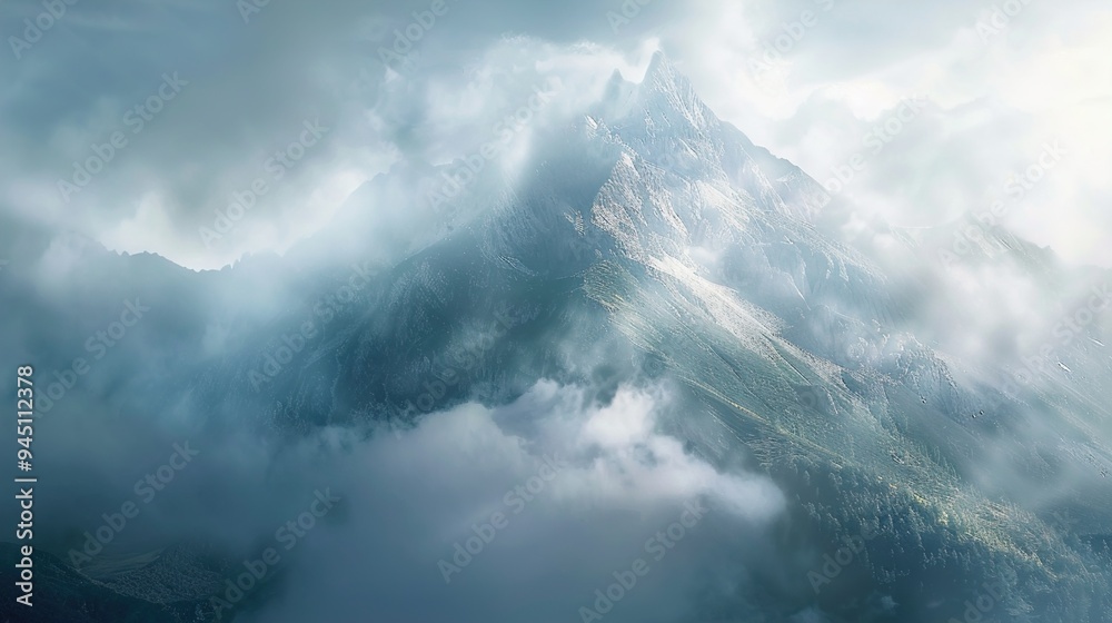 A tranquil mountain peak shrouded in mist, with sunlight breaking through the clouds and casting a heavenly glow over the rugged terrain below.