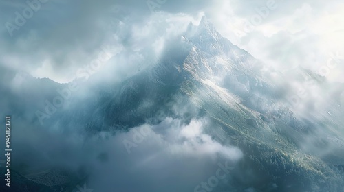 Obraz na płótnie A tranquil mountain peak shrouded in mist, with sunlight breaking through the clouds and casting a heavenly glow over the rugged terrain below. w salonie