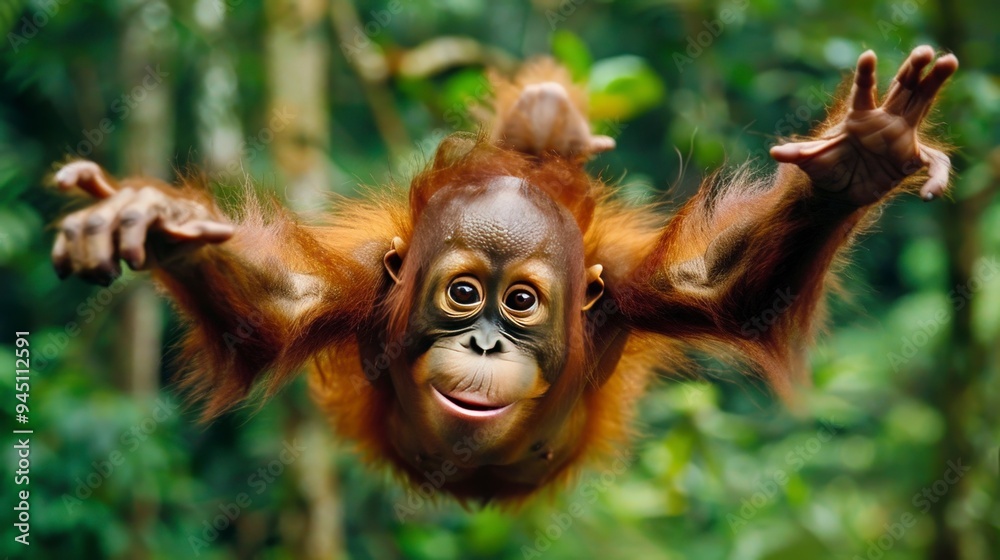 Naklejka premium A playful orangutan swings through a lush green jungle, showcasing its agility and curiosity.