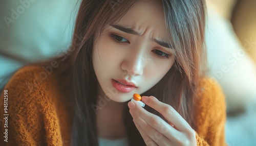 Sick Asian girl using painkiller tablet for stomach ache or headache, home health care and treatment concept photo