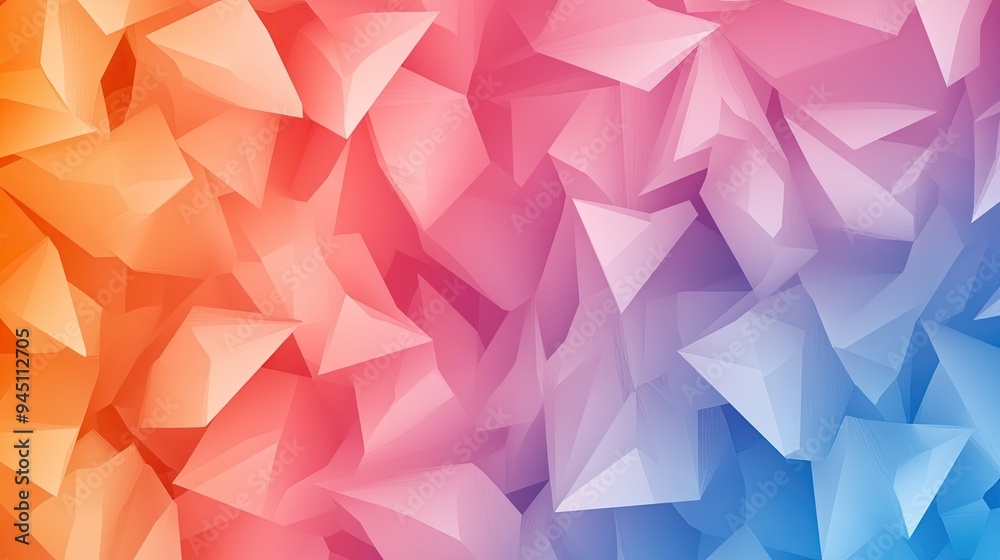 Fototapeta premium Vibrant triangular shapes blend in a harmonious gradient of orange, pink, and blue, creating a dynamic abstract background.