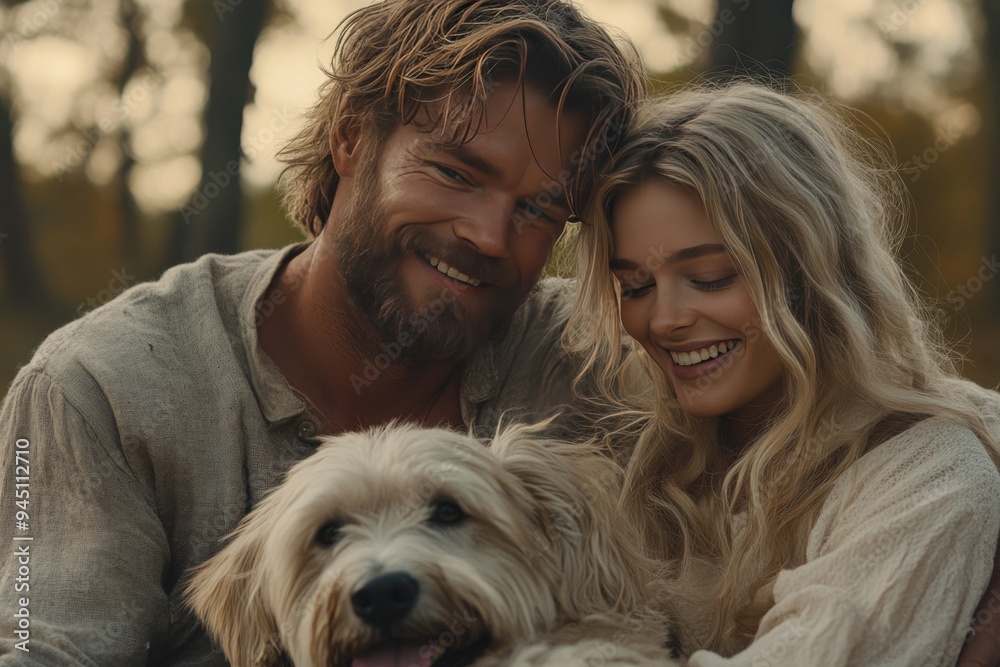Happy couple embracing their dog outdoors in a sunlit lush environment capturing the essence of love companionship and the joy of being surrounded by nature Happy couple embracing their dog outdoors in a sunlit lush environment capturing the essence of love companionship and the joy of being surrounded by nature