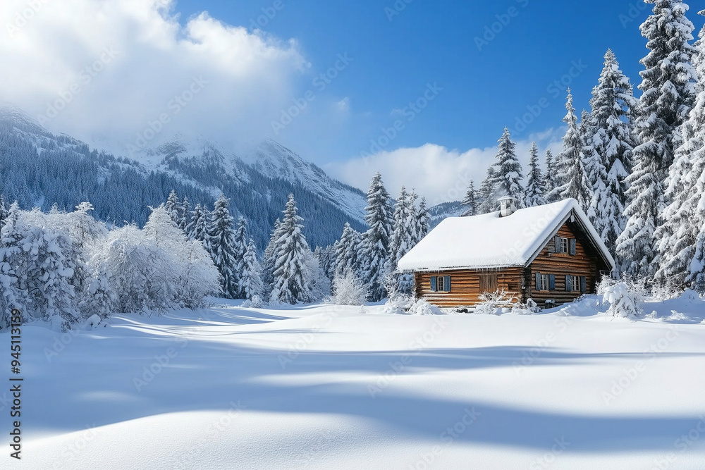 cabin in the woods with snow on the ground. The cabin is surrounded by trees and the sky is blue. The scene is peaceful and serene cabin in the woods with snow on the ground. The cabin is surrounded by trees and the sky is blue. The scene is peaceful and serene