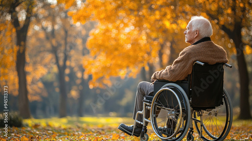 Elderly man enjoying autumn colors in a wheelchair