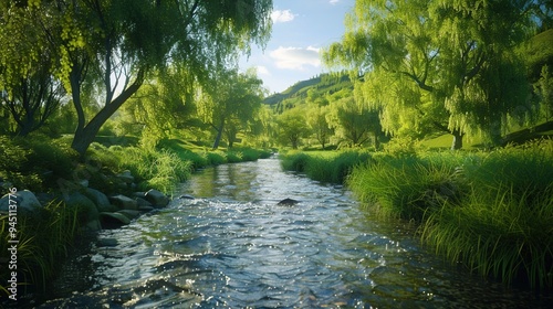 A tranquil river winding its way through a verdant valley, with willow trees lining the banks and the sound of water babbling over rocks.