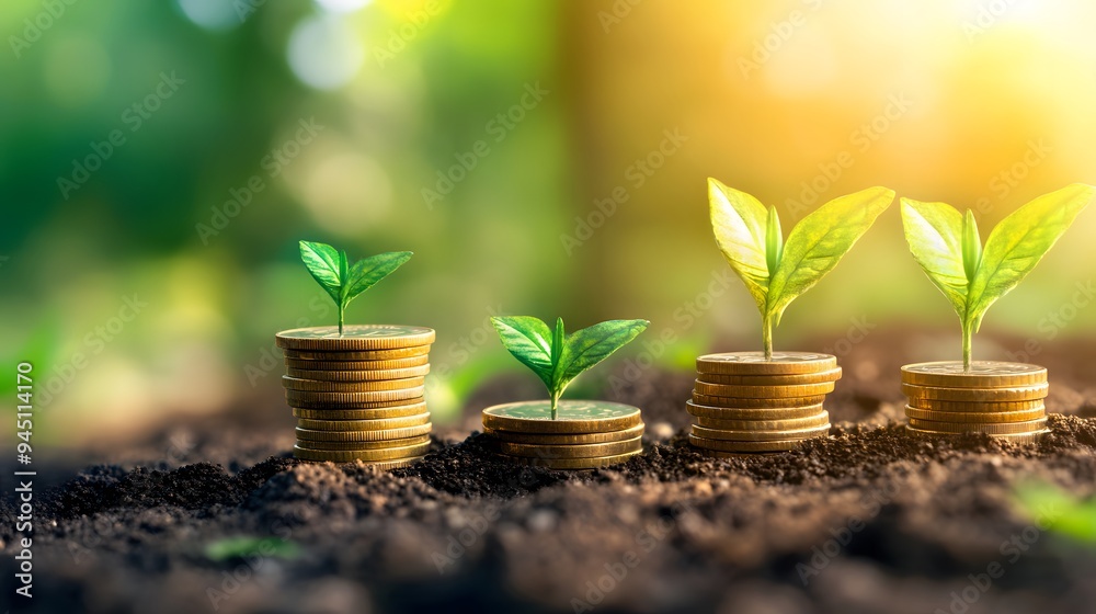 Young Green Plants Growing on Stacks of Coins in Soil Young Green Plants Growing on Stacks of Coins in Soil