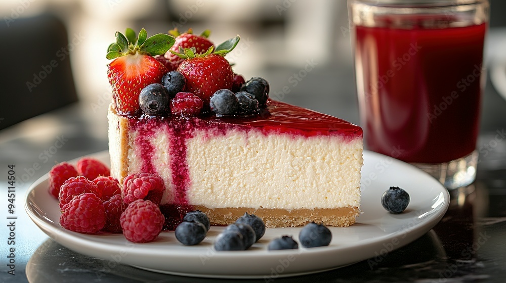 A Slice of Cheesecake Topped with Strawberries, Raspberries, and Blueberries A Slice of Cheesecake Topped with Strawberries, Raspberries, and Blueberries