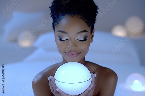 Mystical image of a woman holding a glowing orb in a dark serene environment evoking themes of inner peace spiritual discovery and the ethereal connection between light and tranquility