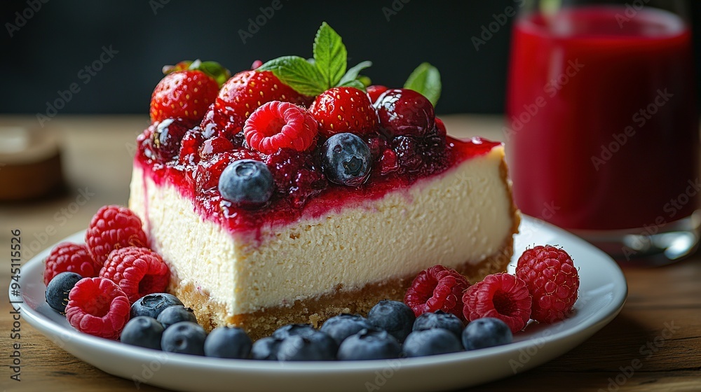 Cheesecake Slice with Berry Topping and Fresh Raspberries and Blueberries Cheesecake Slice with Berry Topping and Fresh Raspberries and Blueberries