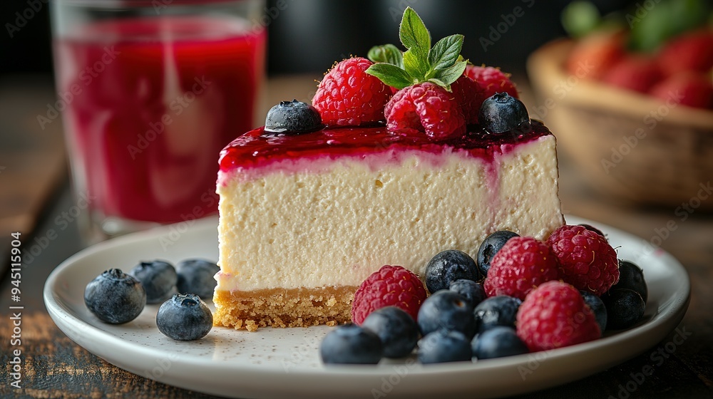 Slice of Cheesecake Topped with Raspberries and Blueberries Slice of Cheesecake Topped with Raspberries and Blueberries