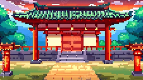 Traditional Japanese dojo pixel art background. 8-bit game assets