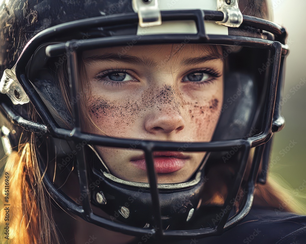 Portrait of a girl in football gear, background blurred, focus on her expression, American football girls, Intensity, portrait, sports focus